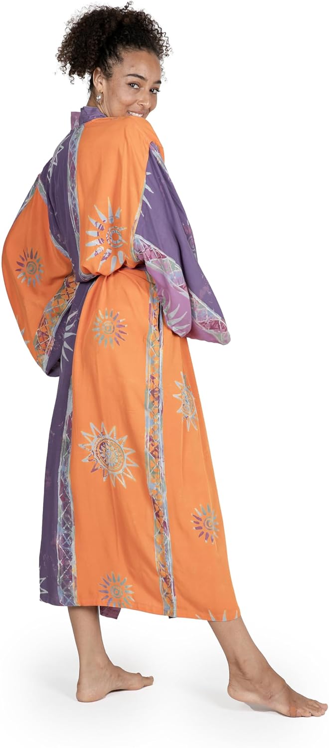 NOVICA Artisan Handmade Handstamped Batik Rayon Robe with Chakra Motif Clothing Purple Orange Tie Dye Indonesia Floral Dusky Sunrise
