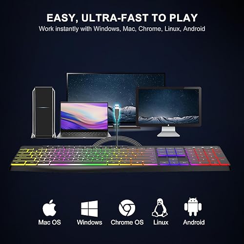 Miniatura 7 de Teclado de computadora con cable, retroiluminación LED arcoíris de 7 colores, teclado iluminado silencioso con teclas multimedia, teclas de chiclet
