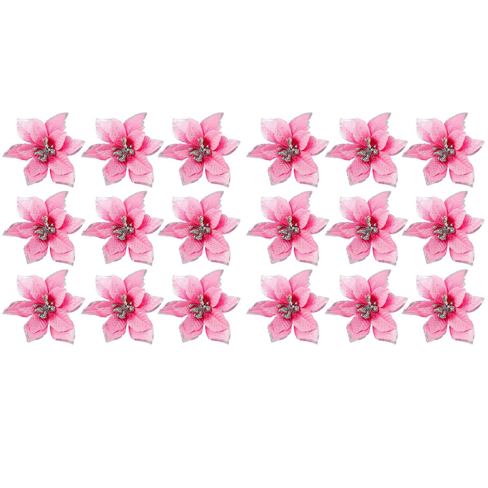 Hndhbfgrt 100 Pack Glitter Poinsettia Christmas Tree Ornaments 5Inch Artificial Silk Flowers Picks Decor Wreath Garland (Pink)