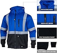 Vista 4 de VENDACE Sudadera con capucha reflectante de alta visibilidad ANSI Clase 1 de forro polar para hombres con capucha desmontable (azul rey, M)