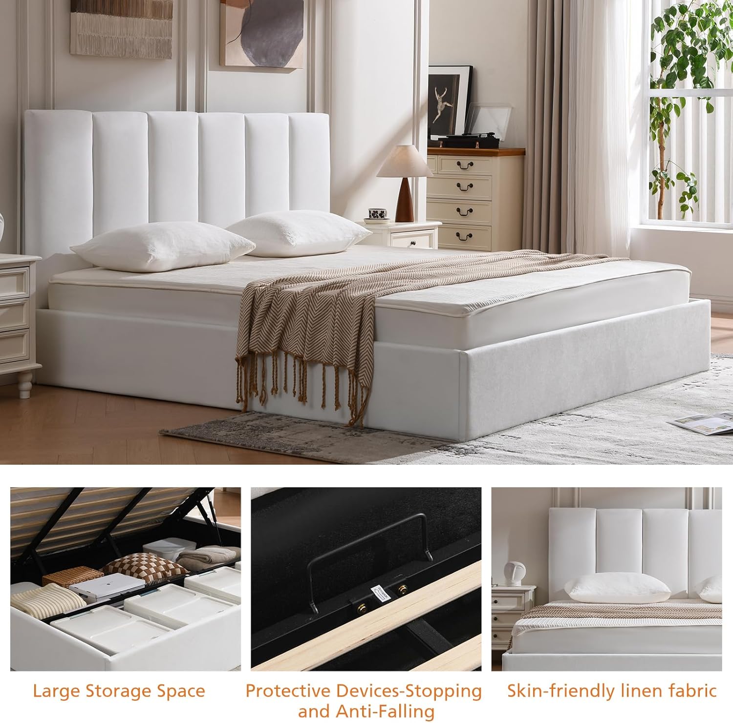VELOCAVA King Size Upholstered Lift-Up Storage Bed, White Linen-Look Fabric Platform Bed with Vertical Panel Headboard, Hydraulic Lift Storage, Wooden Slat Support, No Box Spring Needed