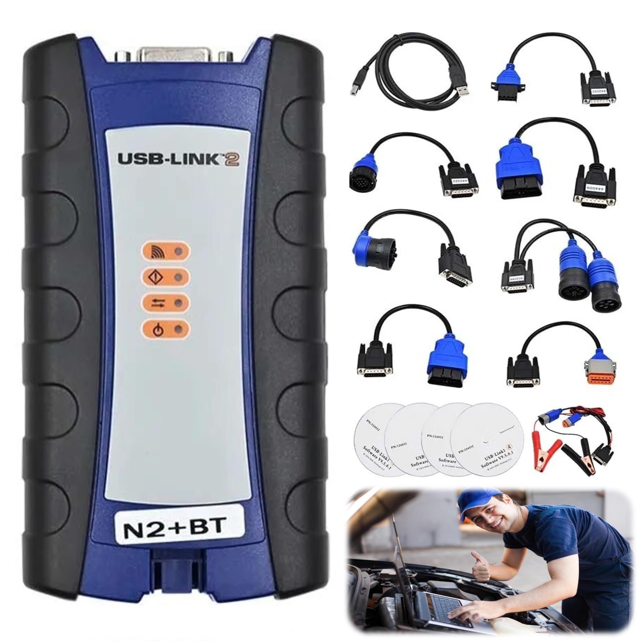 RQG Universal Diagnostic Tool for USB Link 2, Used for Diagnostic Scanning of Diesel Heavy-Duty Trucks and Excavators,Scanner with Bluetooth and USB Interface Adapter,Including Software(124032)
