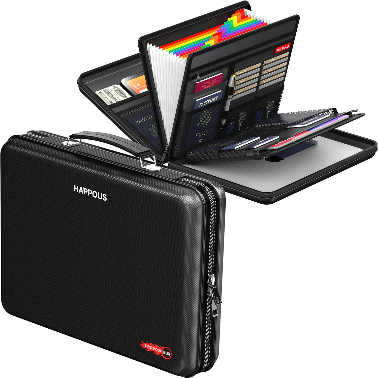 HAPPOUS Fireproof File Folder, Expanding File Organizer with 13 Pockets, Portable Fireproof Document Box Hard-Shell Document Organizer Storage for Documents Laptop Passports Cards Black