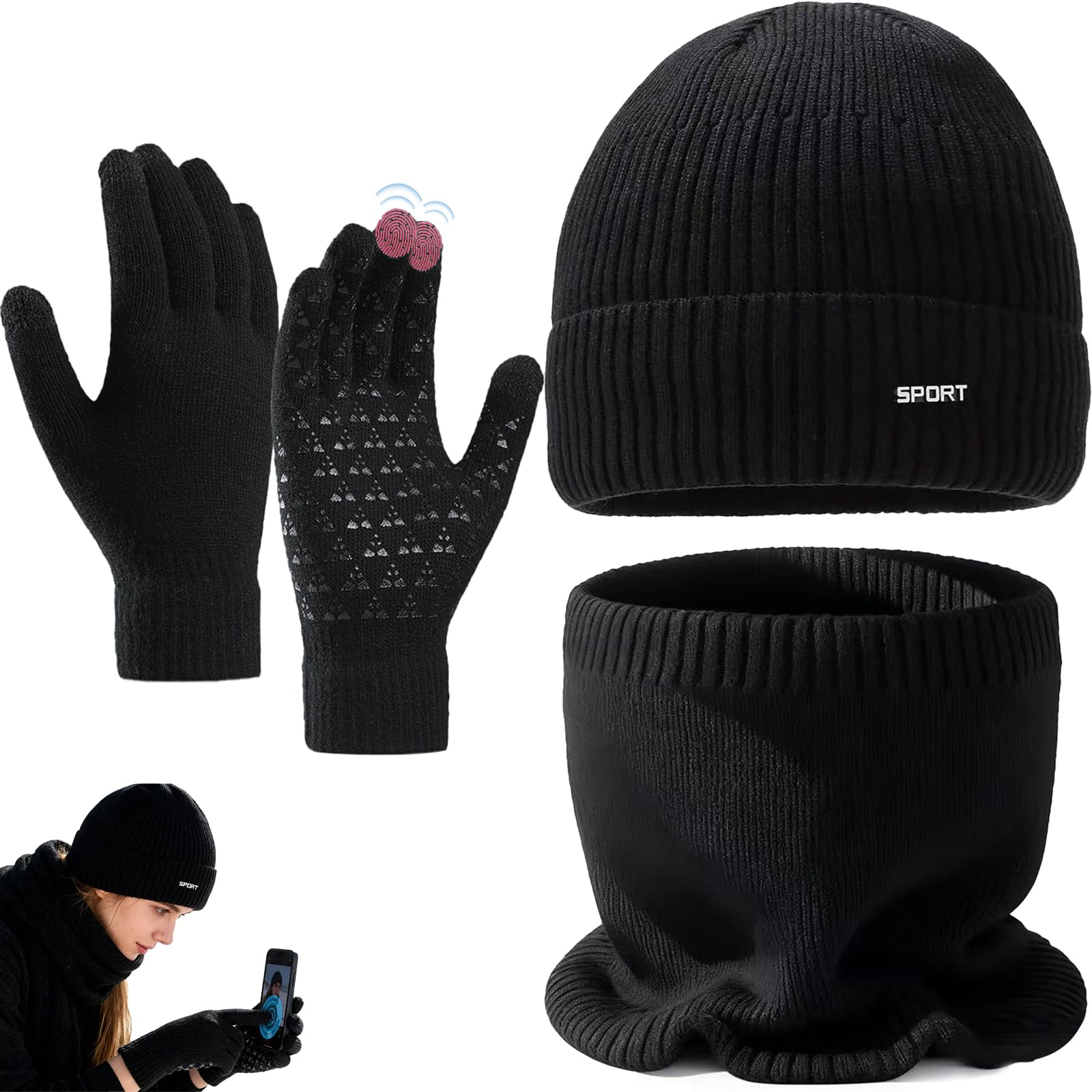 Ensemble d'Hiver Atsmoce : Bonnet, Écharpe et Gants Tactiles Unisexes