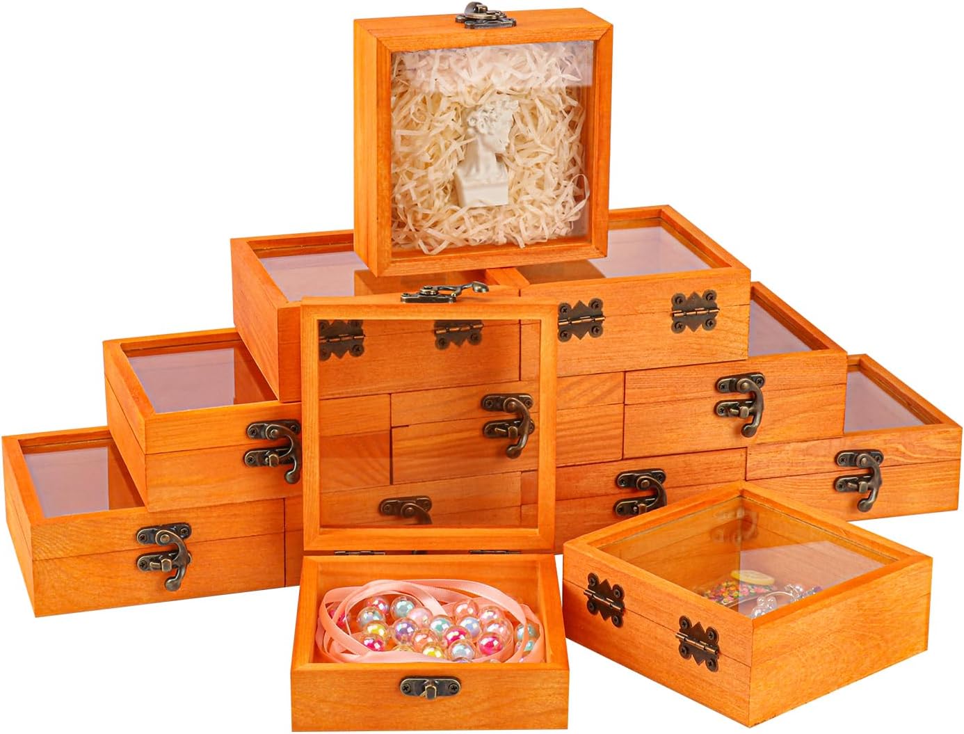 12 Pack Wood Box with Glass Lid, 4.72 x 4.72 x 1.97 inch Wooden Display Box with Hinged Lid for DIY Craft, Collectibles