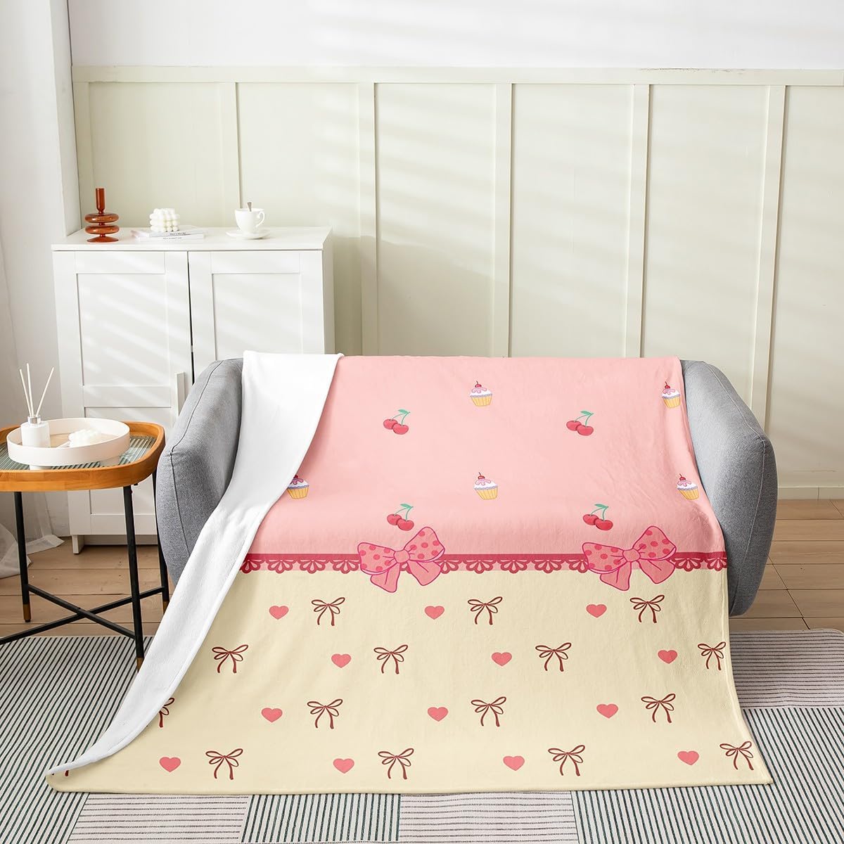 Bowknot Girlish Fleece Blanket,Kawaii Red Cherry Cake Dessert Graffiti Bed Blanket for Kids Teens,Princess Bow Dreamy Lace Pink Beige Flannel Blanket for Room Decor,Queen 90"x90"