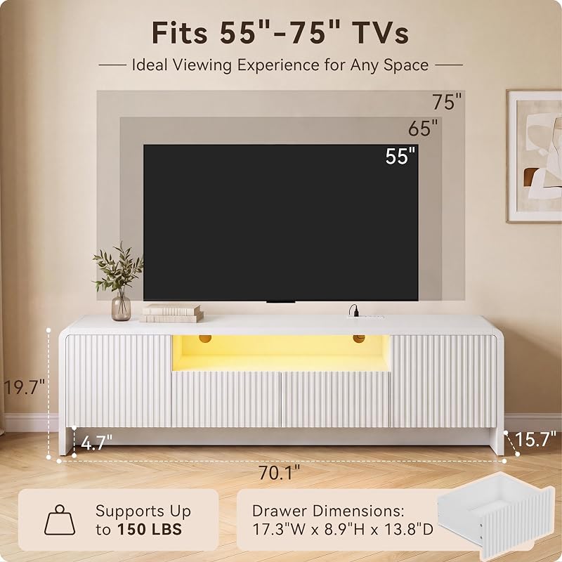 YESHOMY 70” Fluted TV Stand for 75 Inch TV, Modern Wood Media Console image 7