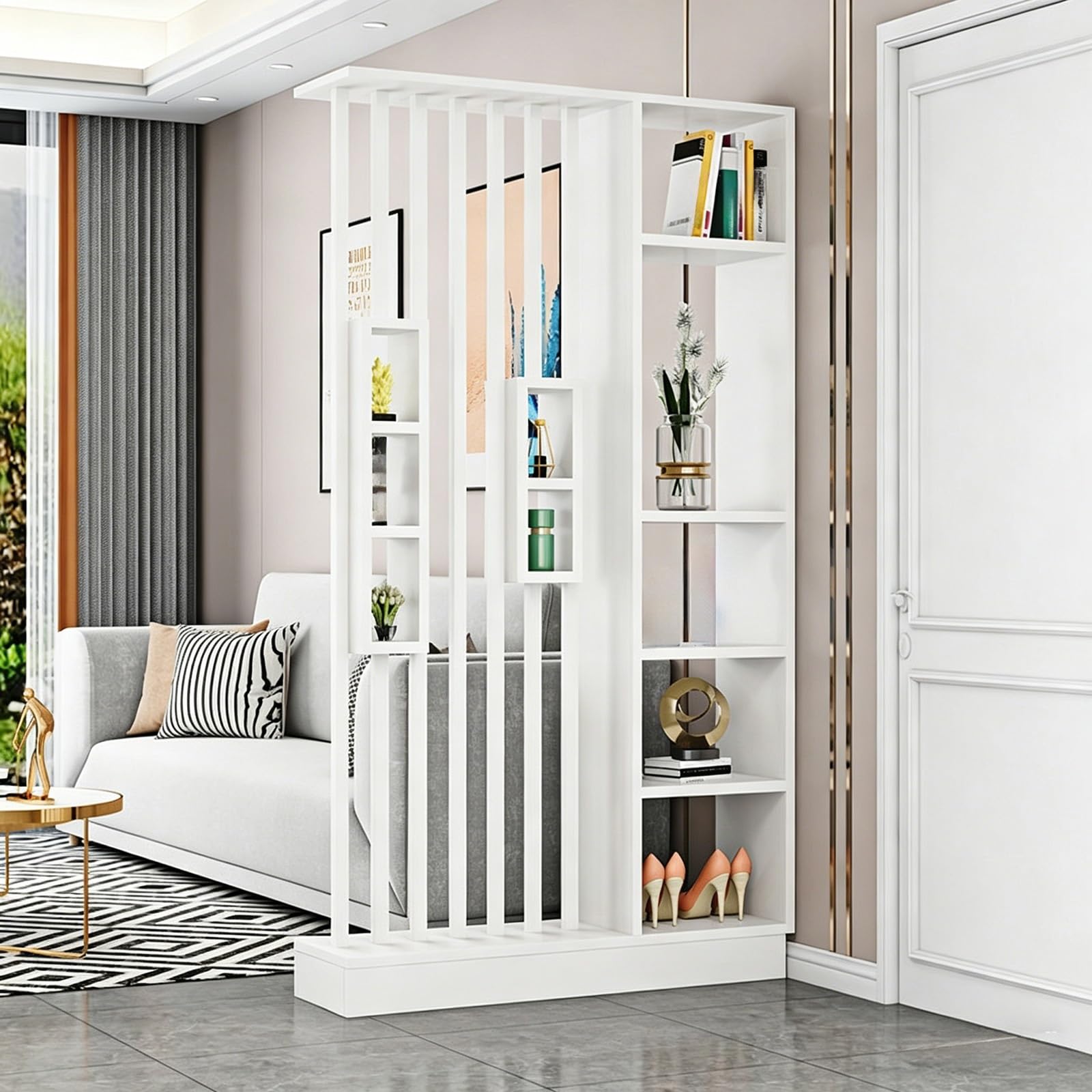 Wall Room Divider, Freestanding Entryway Partition with Open Storage Shelves, Modern Slatted Privacy Screen for Living Room and Hallway(White+White,100cm/39.4in)