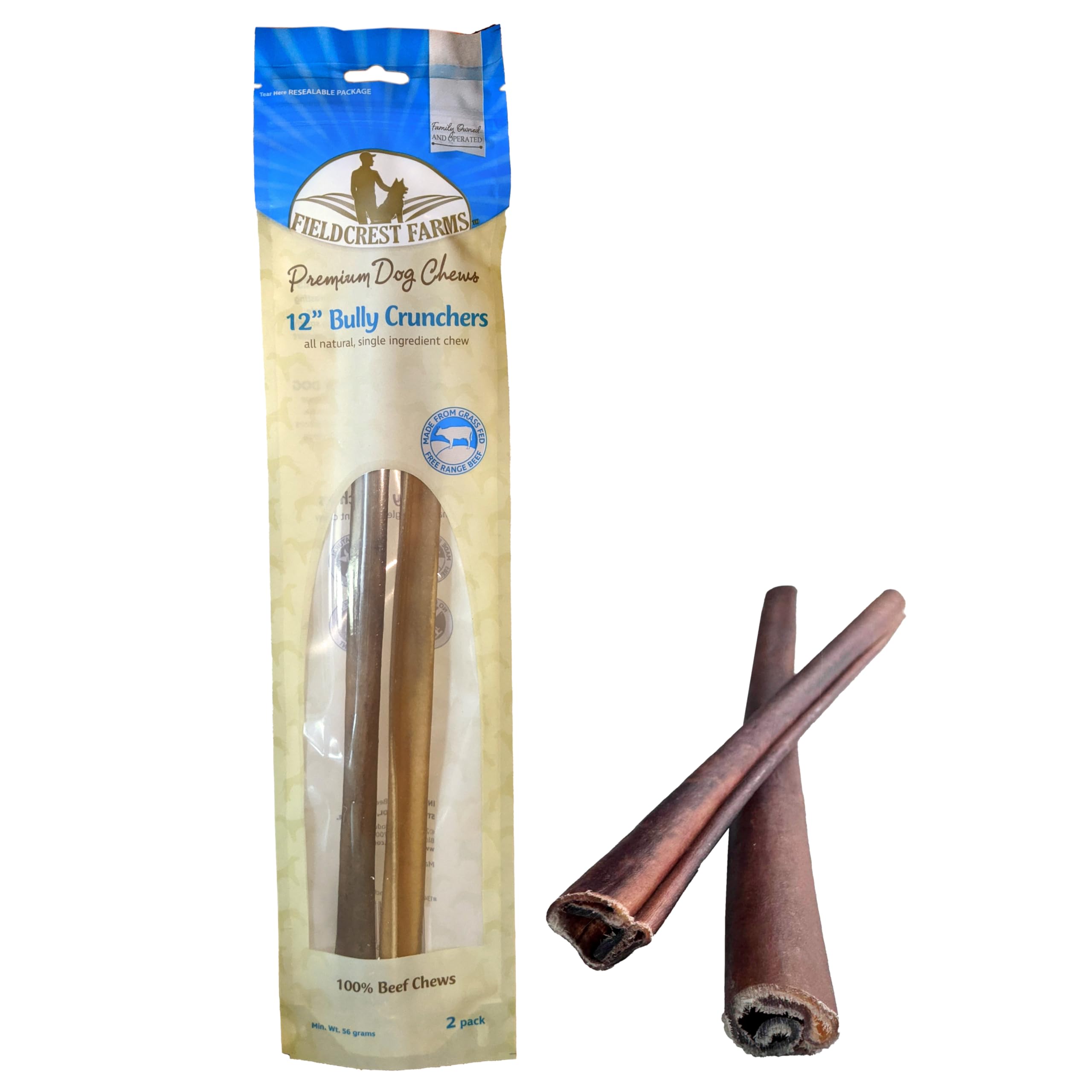 Fieldcrest Farms 12in Bully Crunchers - All-Natural 100% Beef Bully Stick Alternative, Highly Palatable, Easily Digestible, No Additives, Single