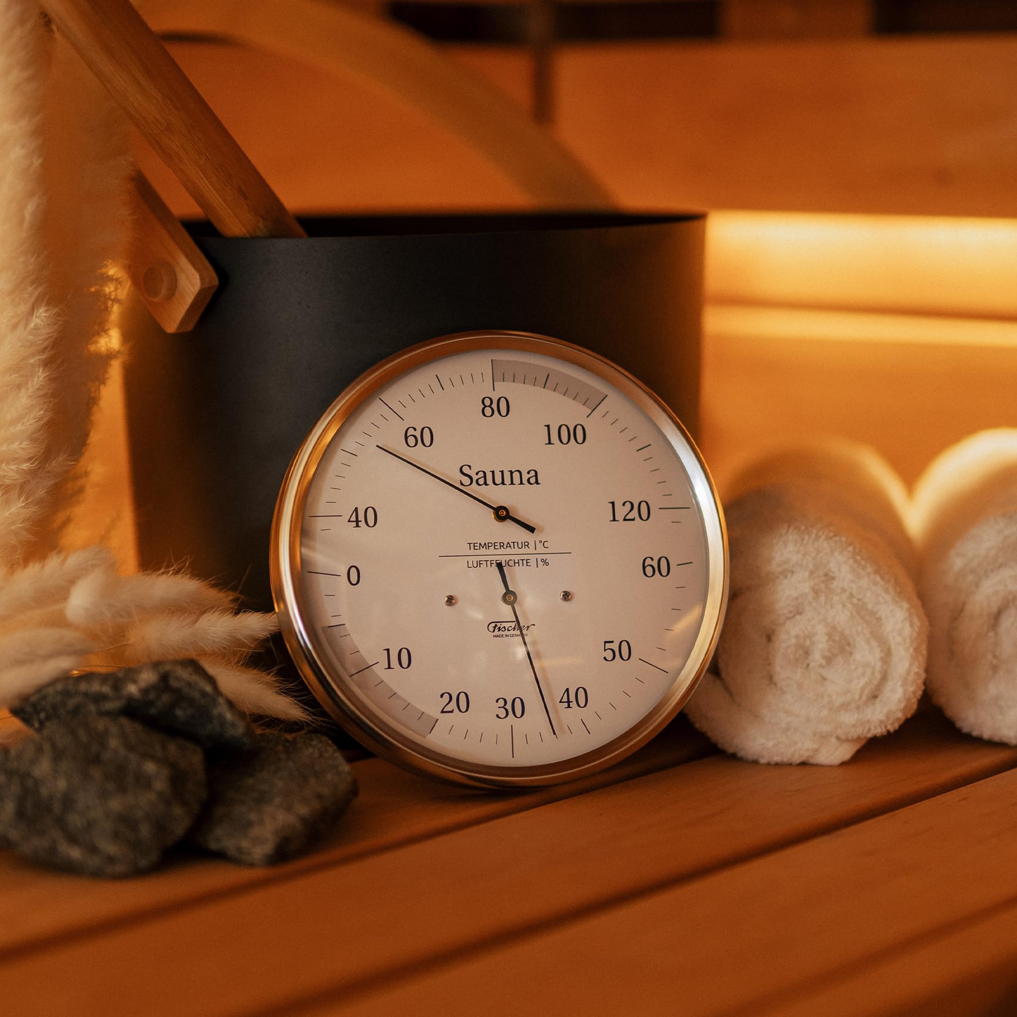 Fischer 194.01 - Sauna-Thermohygrometer - 130mm Haar-Hygrometer und Bimetall-Thermometer aus Edelstahl Made in Germany