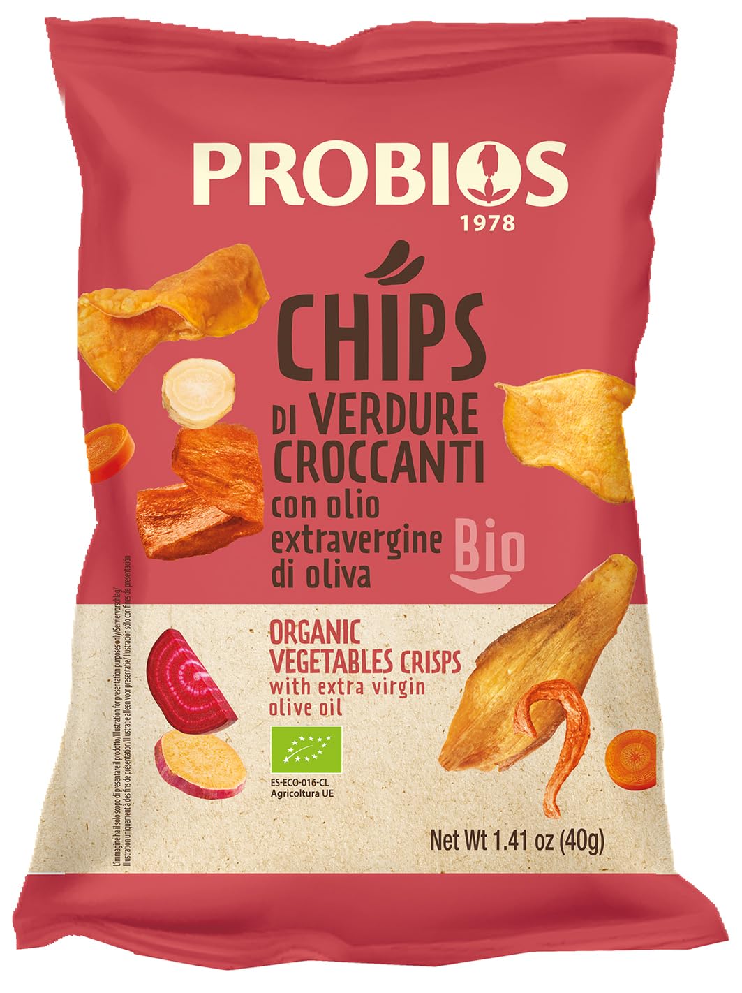 Probios Chips di Verdure Croccanti Biologiche - deliziose e patatine senza glutine fritte in olio extravergine di oliva - ideale spuntino croccante - Confezione da 25 x 40g