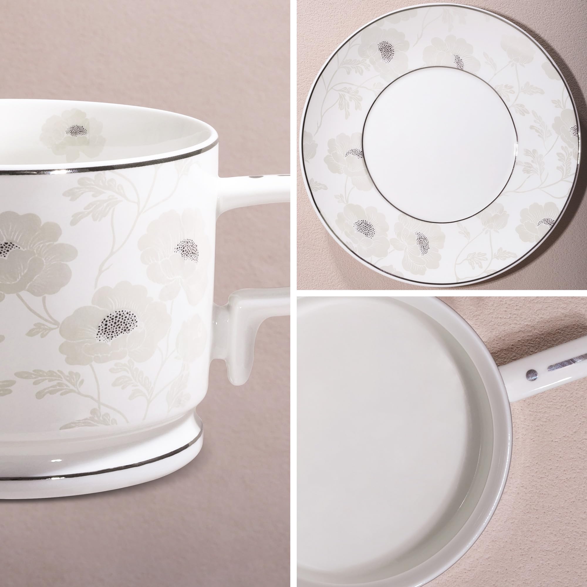 fanquare Srebrny zestaw filiżanek do herbaty z kwiatami i spodkami, zestaw 6 eleganckich brytyjskich filiżanek do kawy, porcelanowe filiżanki do herbaty, prezent na popołudniowe przyjęcie herbaciane