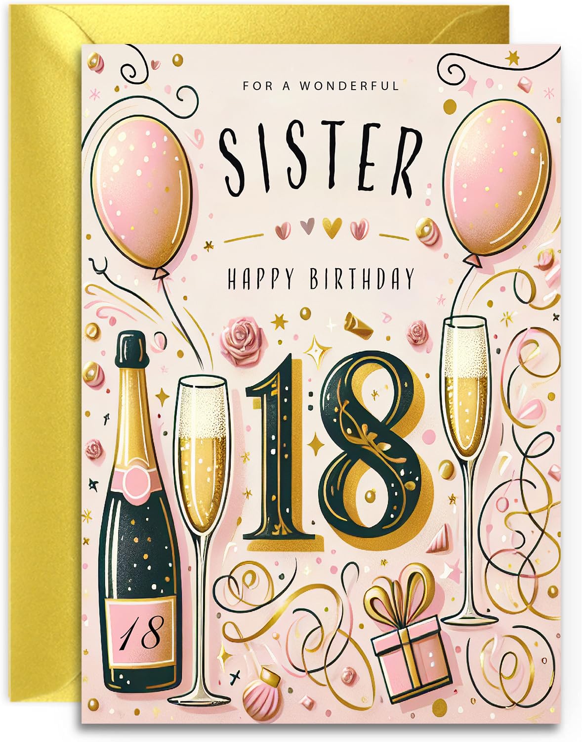 Sister 18th Birthday Card - Champagne and Balloons design - Elegant Birthday Card for Her Age 18 with lovely verse inside. A5 with Gold Envelope