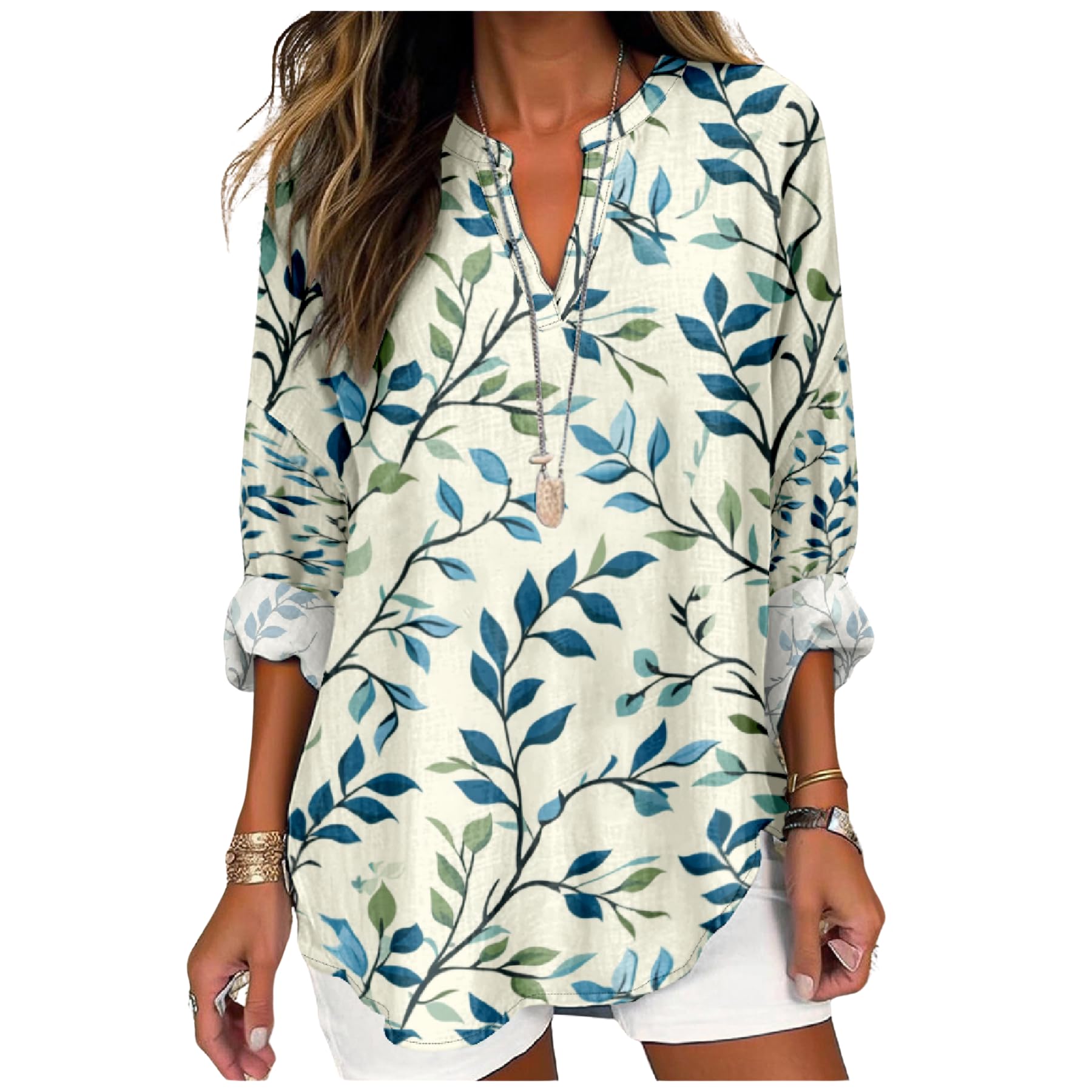 Summer Lightweight Blouses 3/4 Long Sleeve Office Shirts for Women V Neck Casual Fit Trendy Bussiness Work Tops