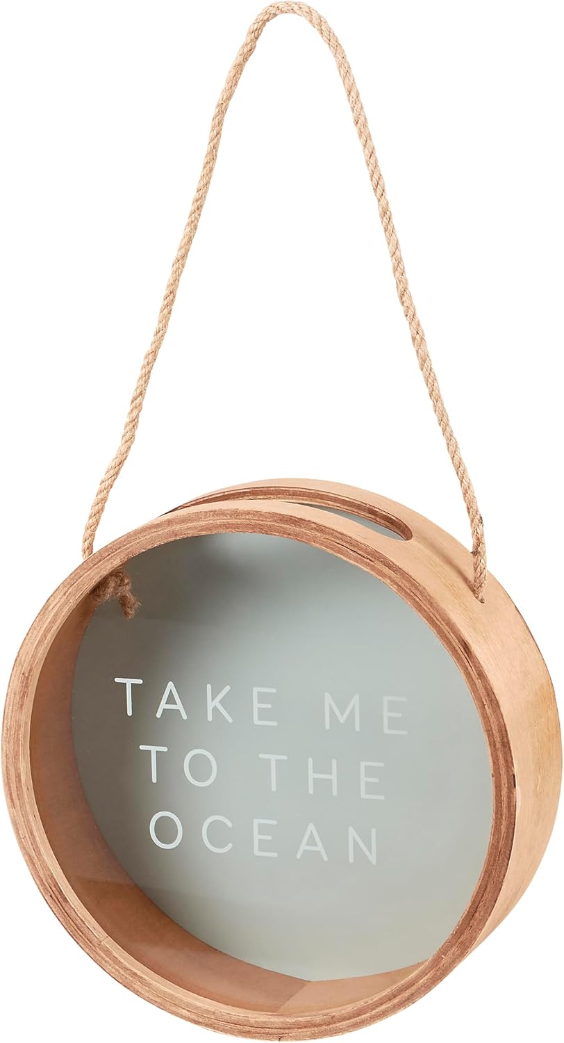 Primitives by Kathy Take Me to The Ocean Hanging Shell Holder, round wooden frame with glass display window and attached rope for hanging on wall.