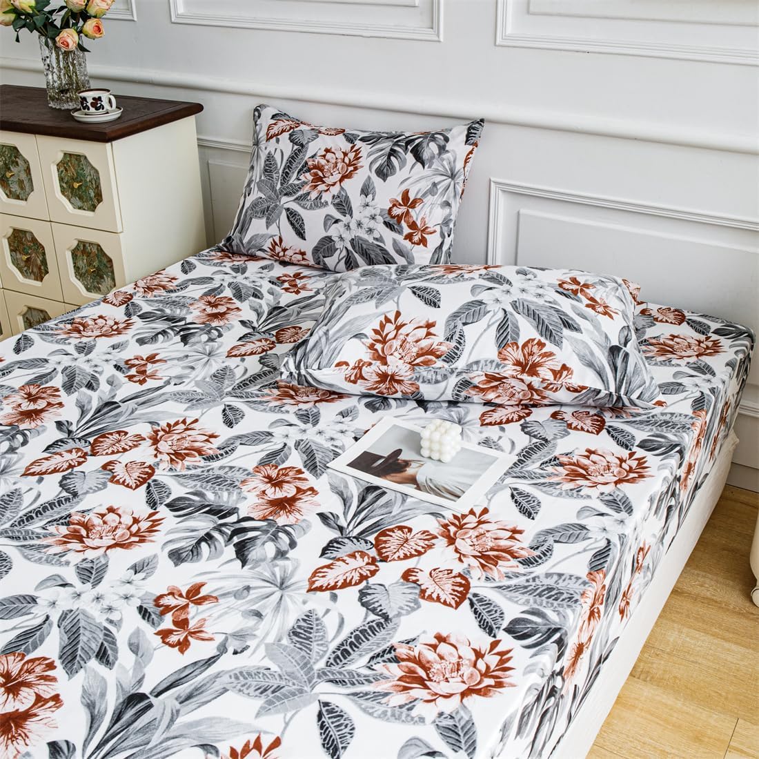 Floral Fitted Sheet with Pillowcase, 3-Pieces Brushed Microfiber Soft Bed Fitted Sheets Only, 11" Deep Pocket Fitted Bottom Sheet, Ultra Soft, and Fade Resistant (06, Twin 39"x75")