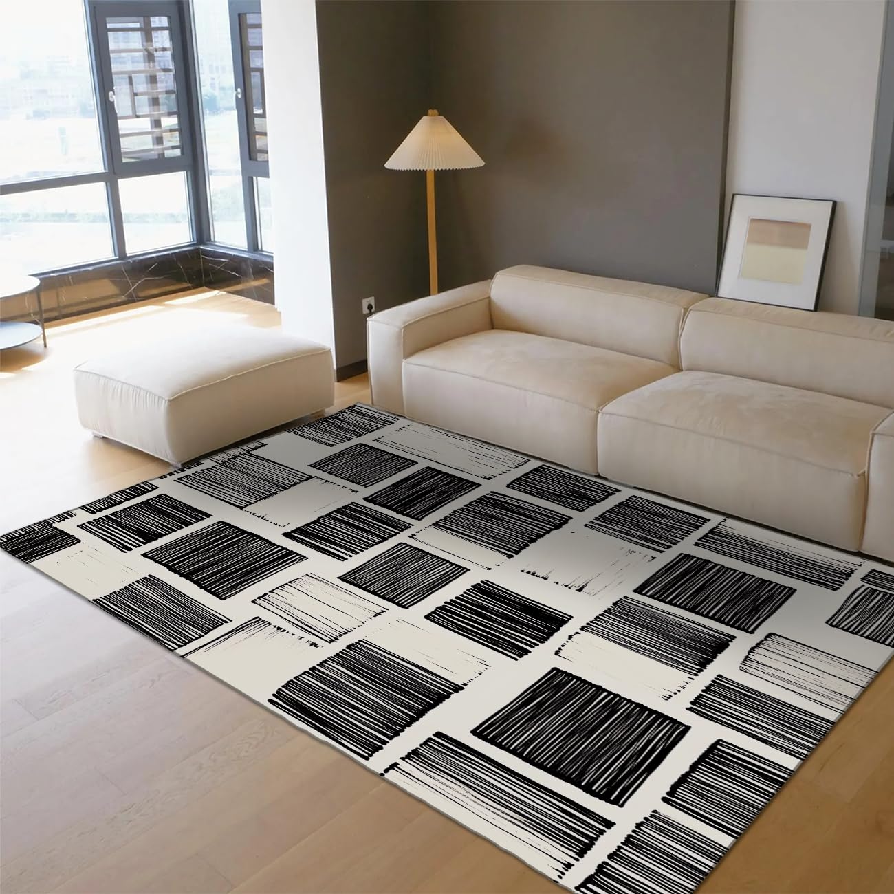 Moquette 160 x 200 cm Urban Sketch avec lignes géométriques noires et motifs carrés pour salon