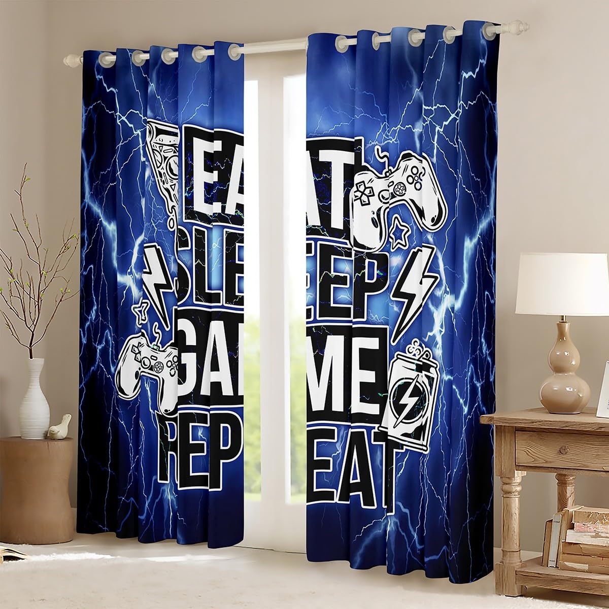 Gamer - Tende da finestra per videogiochi, per bambini, ragazzi, ragazzi, ragazze, galassia, videogiochi, mangiare, sonno, ripetere i trattamenti per finestre, W66 x L72
