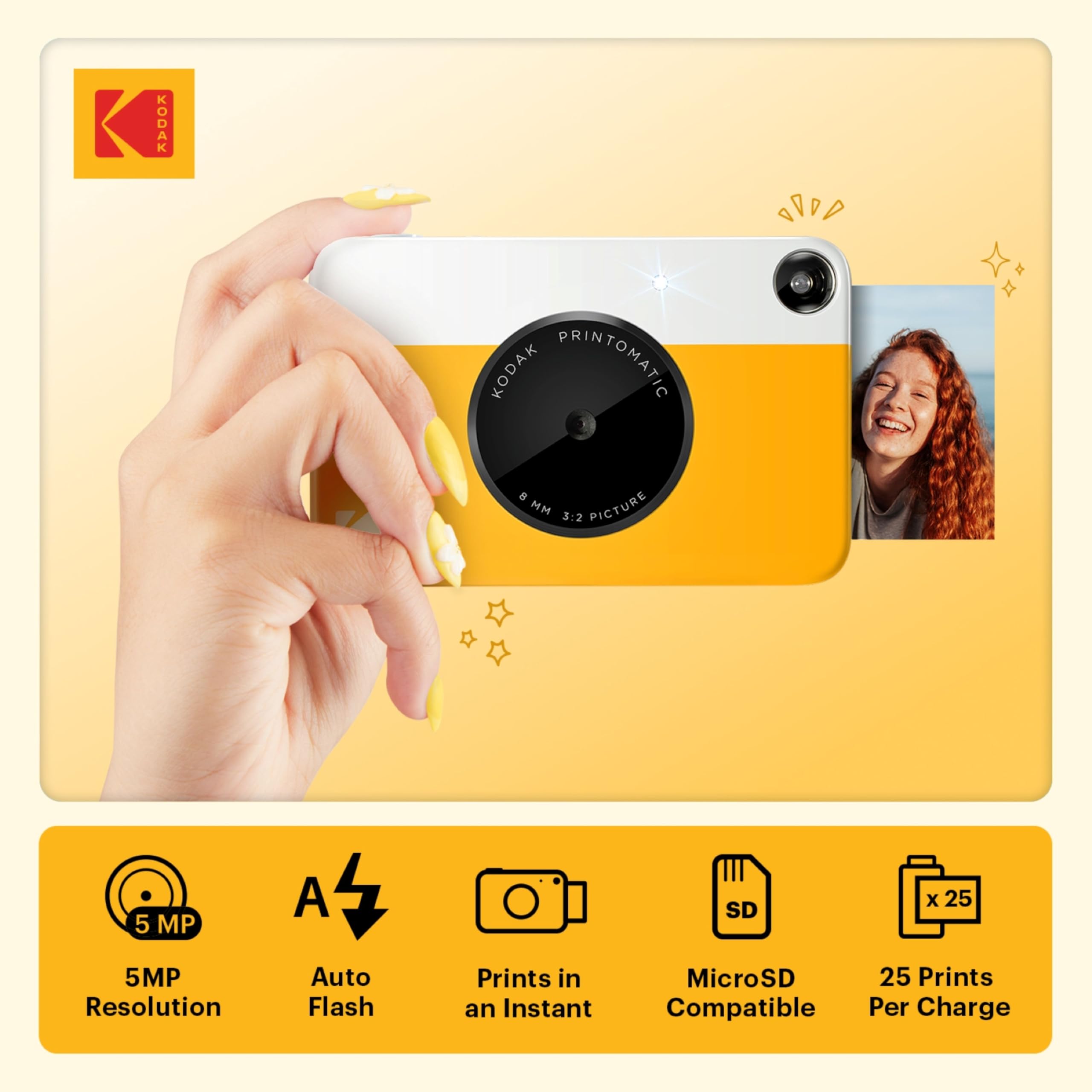 KODAK Printomatic Pacchetto iniziale per macchina fotografica a stampa istantanea a colori + Custodia morbida + Carta fotografica Zink da 20 pezzi - Foto colorate su carta adesiva 2x3" - Giallo