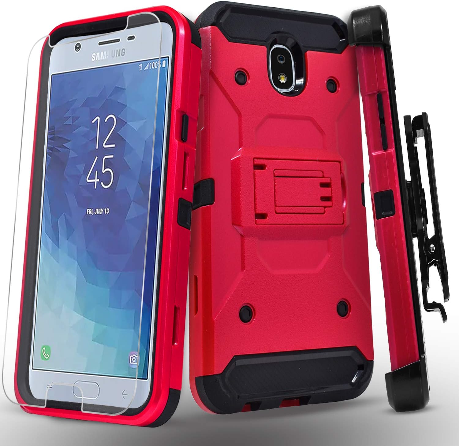 Starshop Galaxy J7 Crown Case, J7 Star, J7 Refine, J7 2018, Aura, Top, J7 V J737, with [Tempered Glass Screen Protector Included] Full Cover Dual Layers Cover with Kickstand Belt Clip-Red
