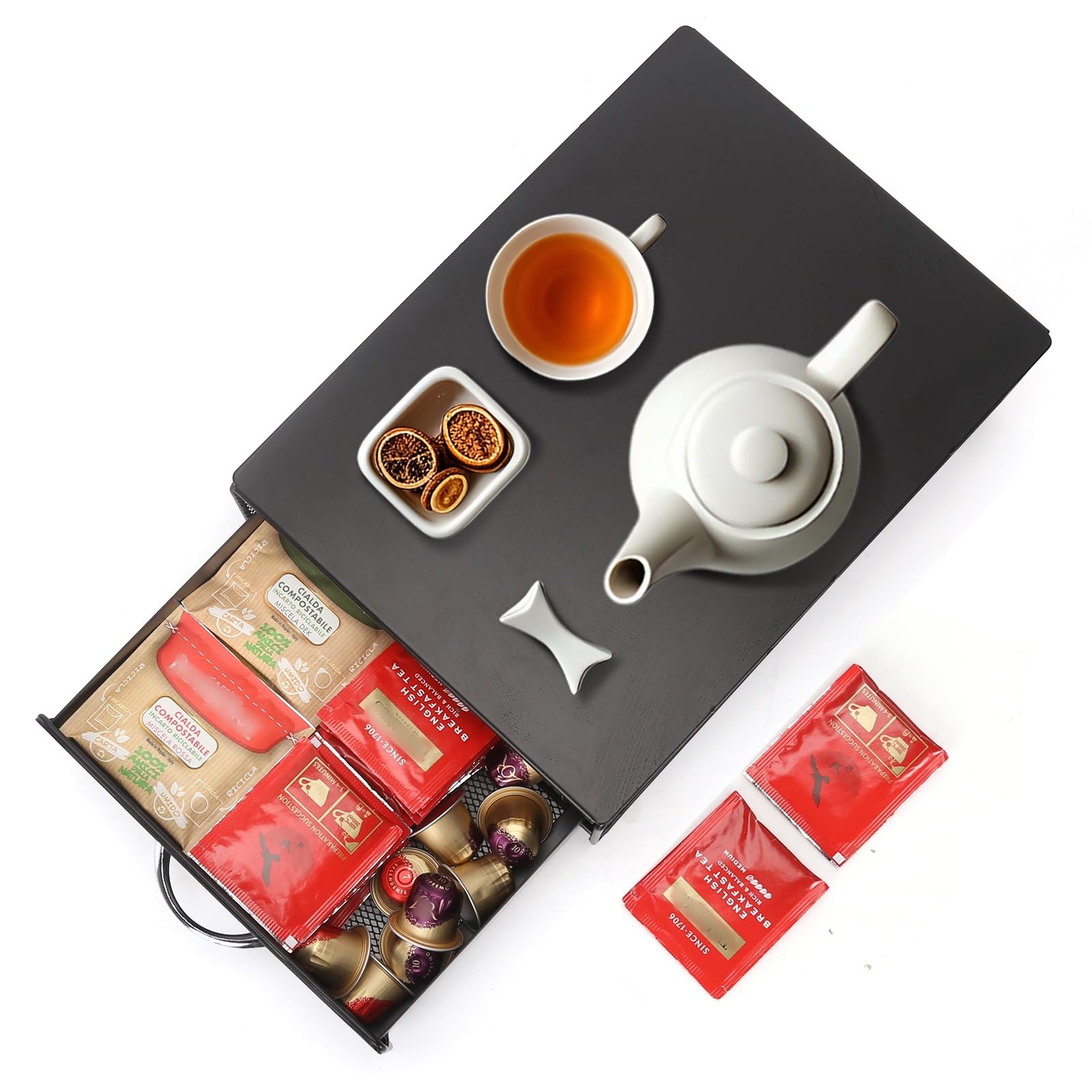 Portacapsule,Cassetto Porta Cialde e Capsule in Metallo,Ideale per Organizzare Caffè, Tè e Tisane.