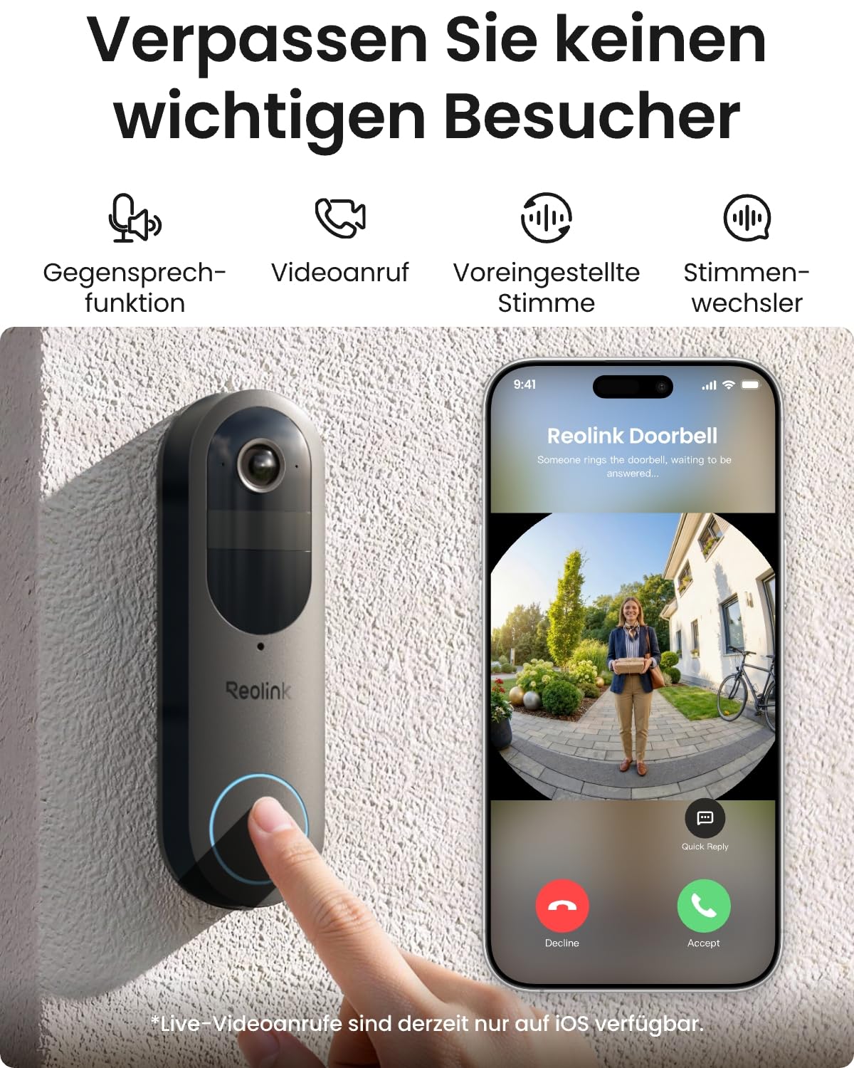 Reolink Akku Türklingel mit Kamera (2. Gen), 2K 1:1 Ansicht, 2 Betriebsmodi | 1:1 Kopf‑Fuß‑Ansicht, Kabellos & Kabelgebunden, 2,4&5GHz Wi-Fi, Lokalspeicher ohne Monatsgeb, KI-Erkennung, Rich-Notification