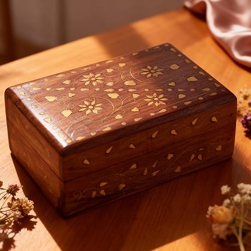 Miniatura 8 de GURU JEE Caja organizadora de madera con incrustaciones de latón floral con incrustaciones de latón