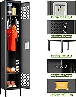 Vista 4 de Taquilla de metal de 1 puerta con estantes ajustables y 3 ganchos, armarios de metal para empleados para gimnasio, escuela, oficina, hogar, garaje