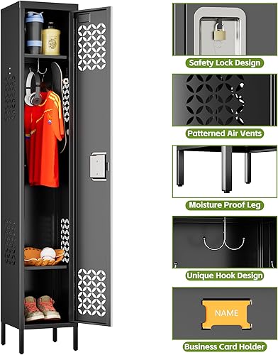 Miniatura 4 de Taquilla de metal de 1 puerta con estantes ajustables y 3 ganchos, armarios de metal para empleados para gimnasio, escuela, oficina, hogar, garaje