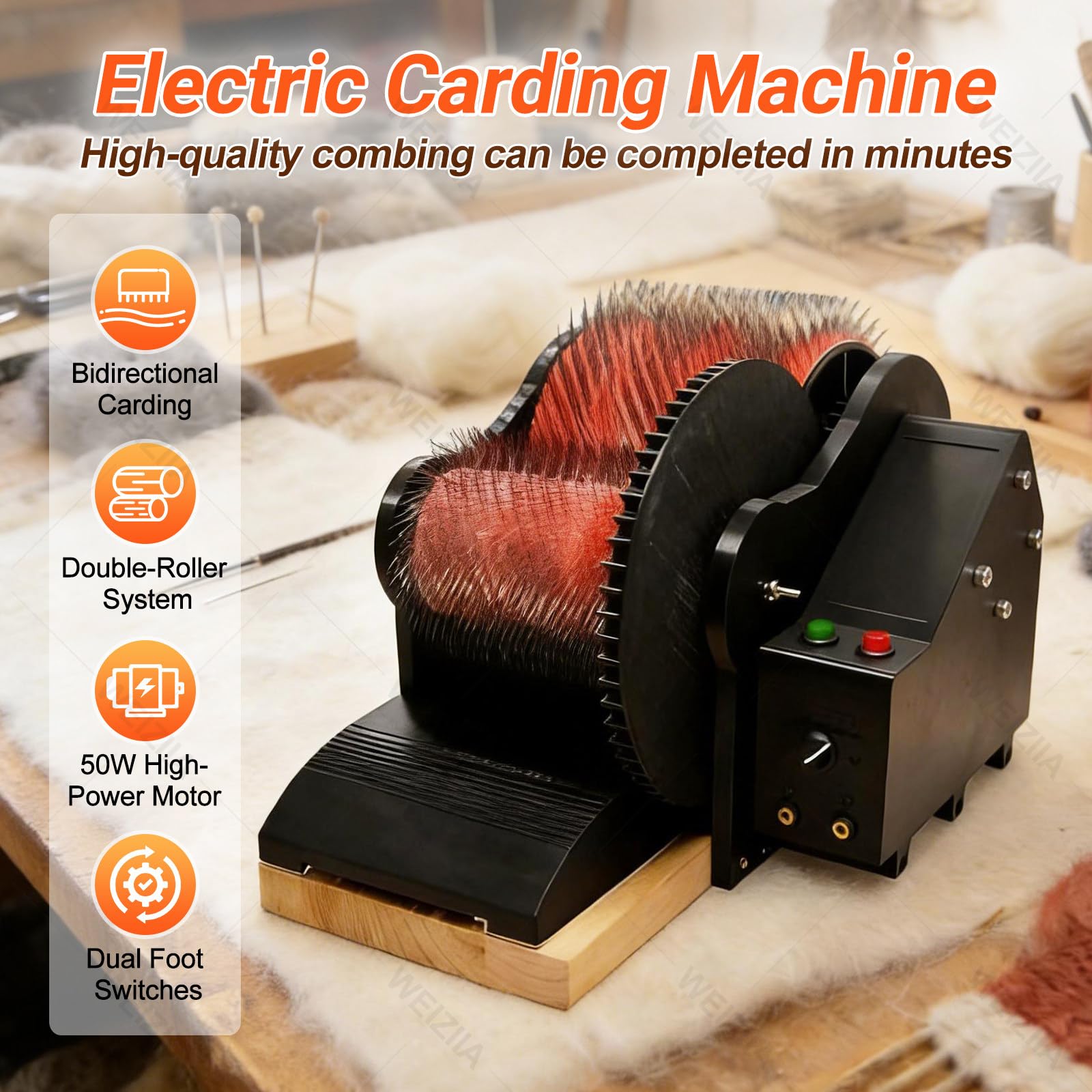 Cardadora de Tambor para Fibra de Lana, eléctrica, automática, con Velocidad de Avance y Retroceso Ajustable (máx. 56 RPM), con Pedal, para cardar Mezclas.