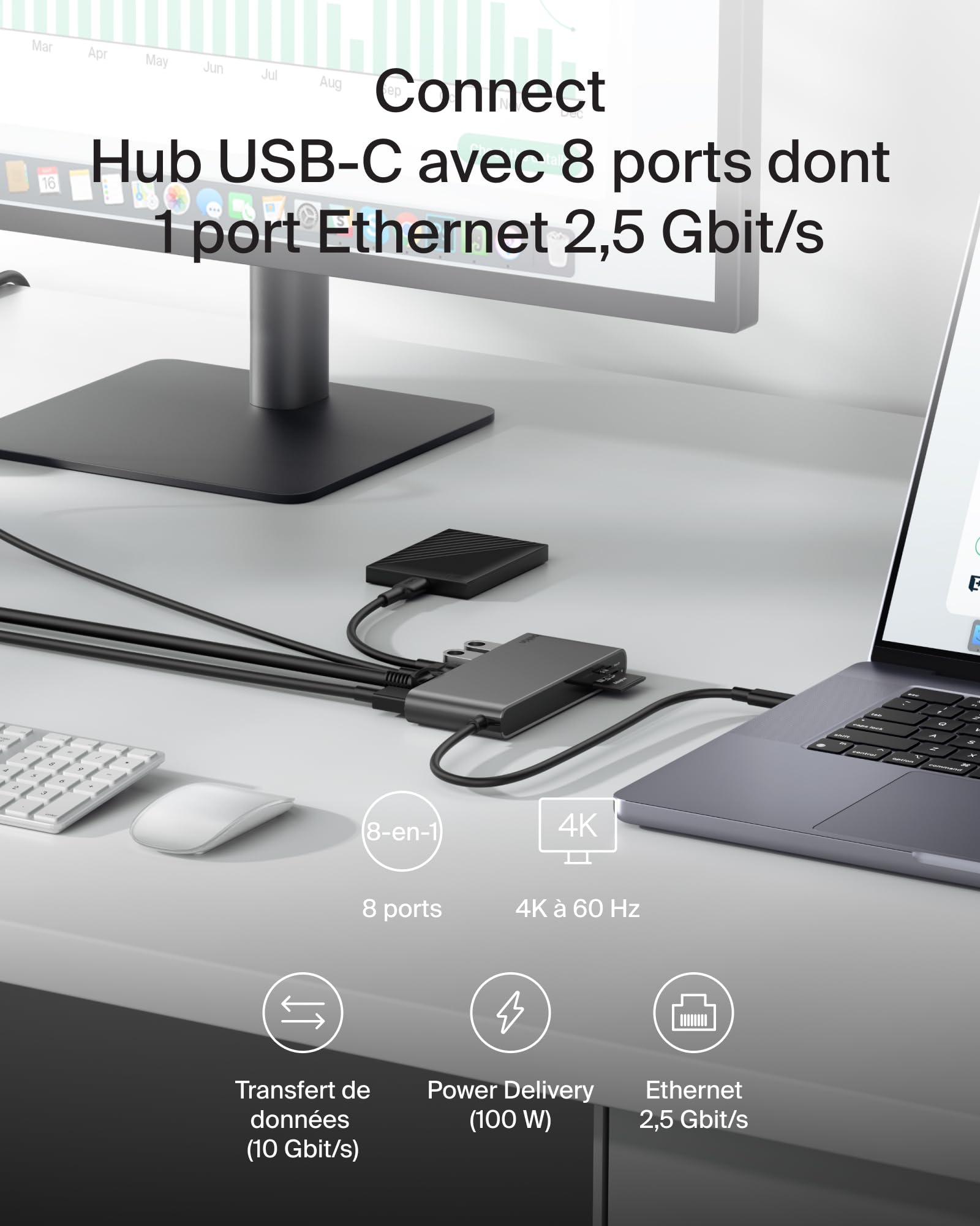Belkin Connect Hub USB C 8-en-1, Prise en Charge De La Résolution 4K à 60 Hz, Fonctionne avec Mac, Windows, Chromebook, PD de 100 W, Transfert De Données De 10 Gbit/s, Ethernet De 2,5 Gbit/s - Gris