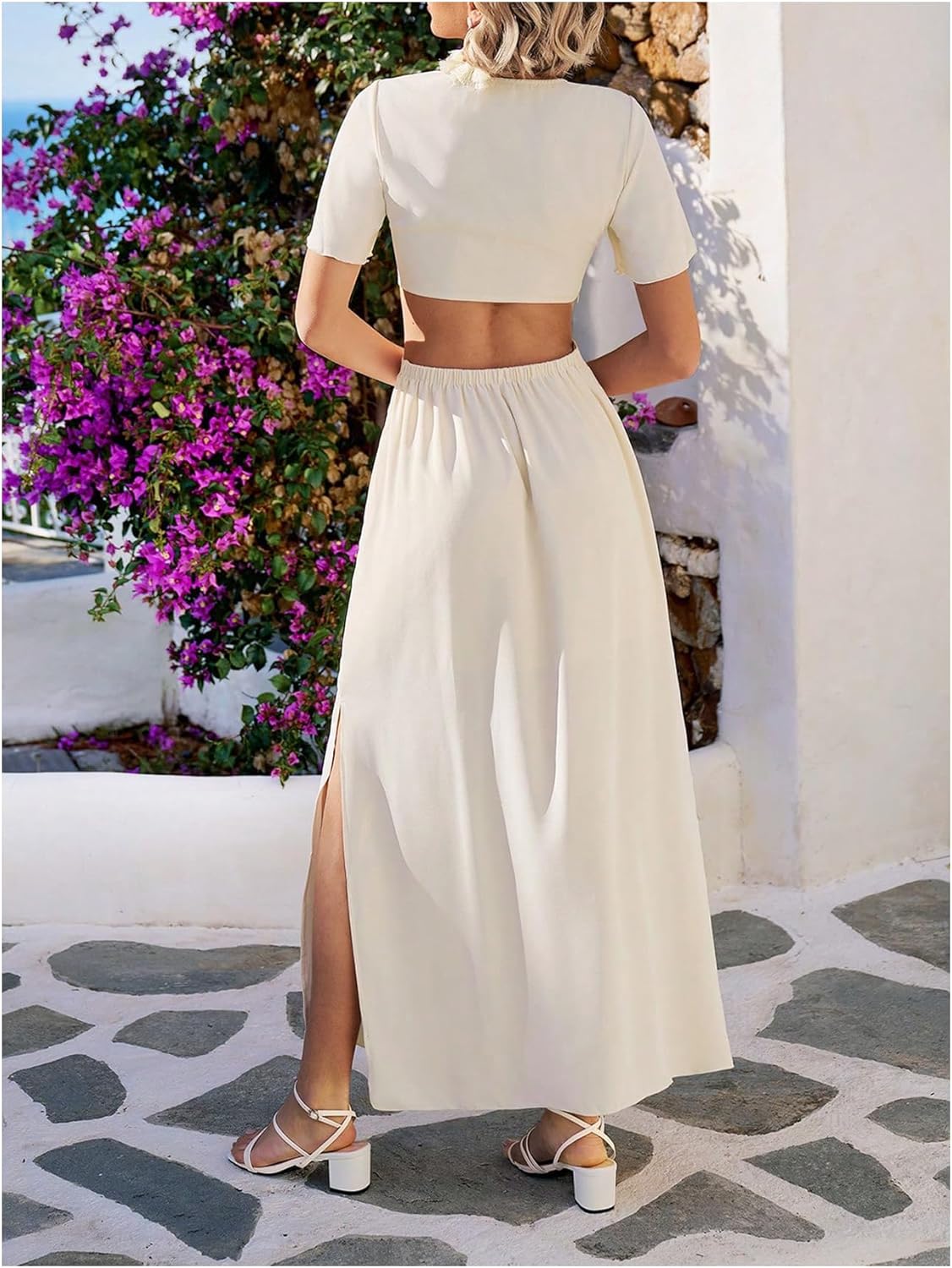 Floerns Women's Cut Out Tie Front Slit A Line Dress V Neck Short Sleeve Maxi Dresses - Image 3