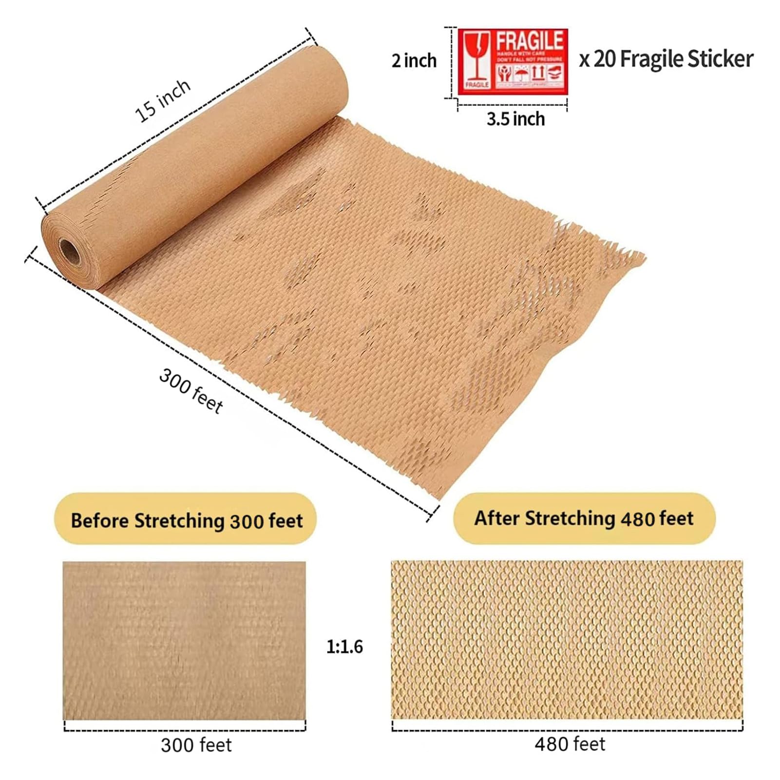 Papel de embalaje de panal, papel de embalaje de 15 pulgadas x 300 pies, alternativa para envoltura de amortiguación de burbujas para mudanzas de embalaje, suministros de mudanza reciclables, rollo