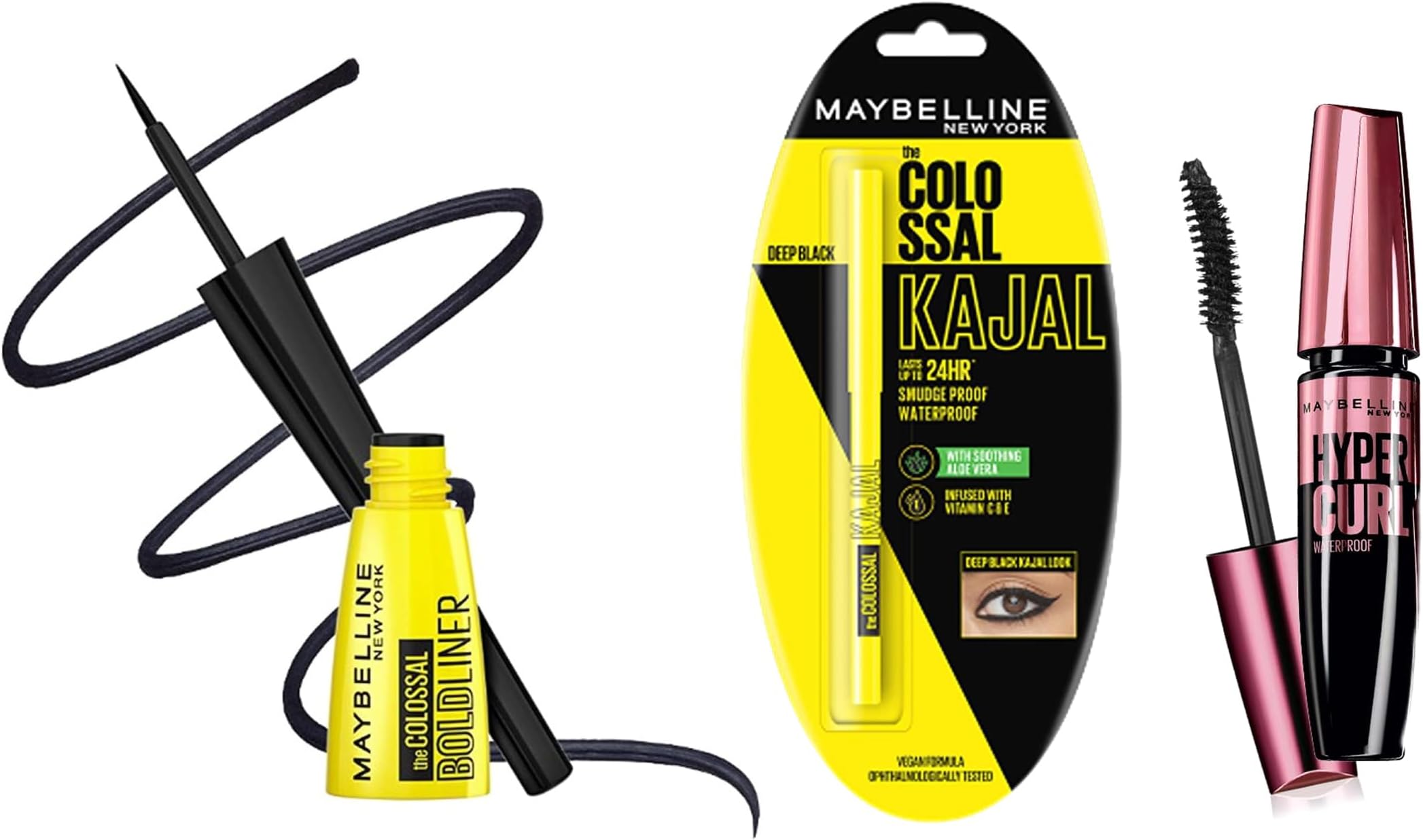 Maybelline New York Colossal Bold Eyeliner, Colossal Kajal, and Hypercurl Mascara Waterproof, Black, 3g, 0.35g, 9.2ml