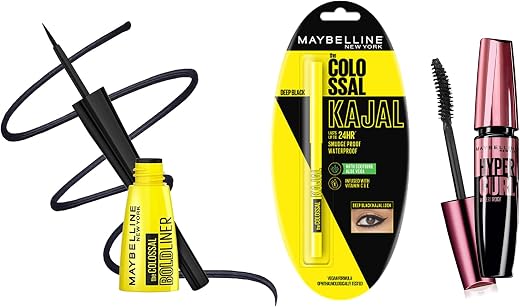Maybelline New York Colossal Bold Eyeliner, Colossal Kajal, and Hypercurl Mascara Waterproof, Black, 3g, 0.35g, 9.2ml