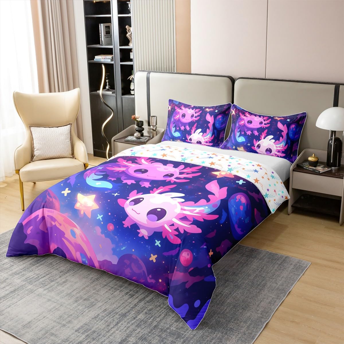 Homewish Dziewczęca poszewka na kołdrę Axolotl podwójna fioletowa galaktyka planeta bawełna zestaw pościeli kreskówka marzycielskie gwiaździste niebo poszewka na kołdrę dorośli urocze kosmiczne