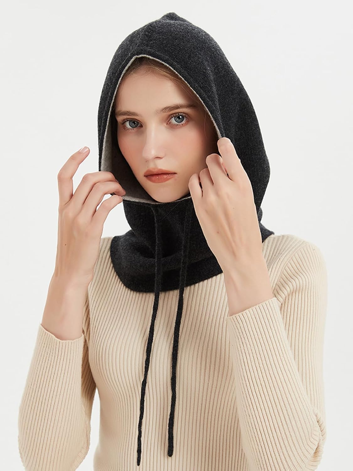 Pure Cashmere Knitted Hat Hooded Scarf for Women Men, Outdoor Windproof Warm Hood Loop Scarf, Stylish Winter Balaclava