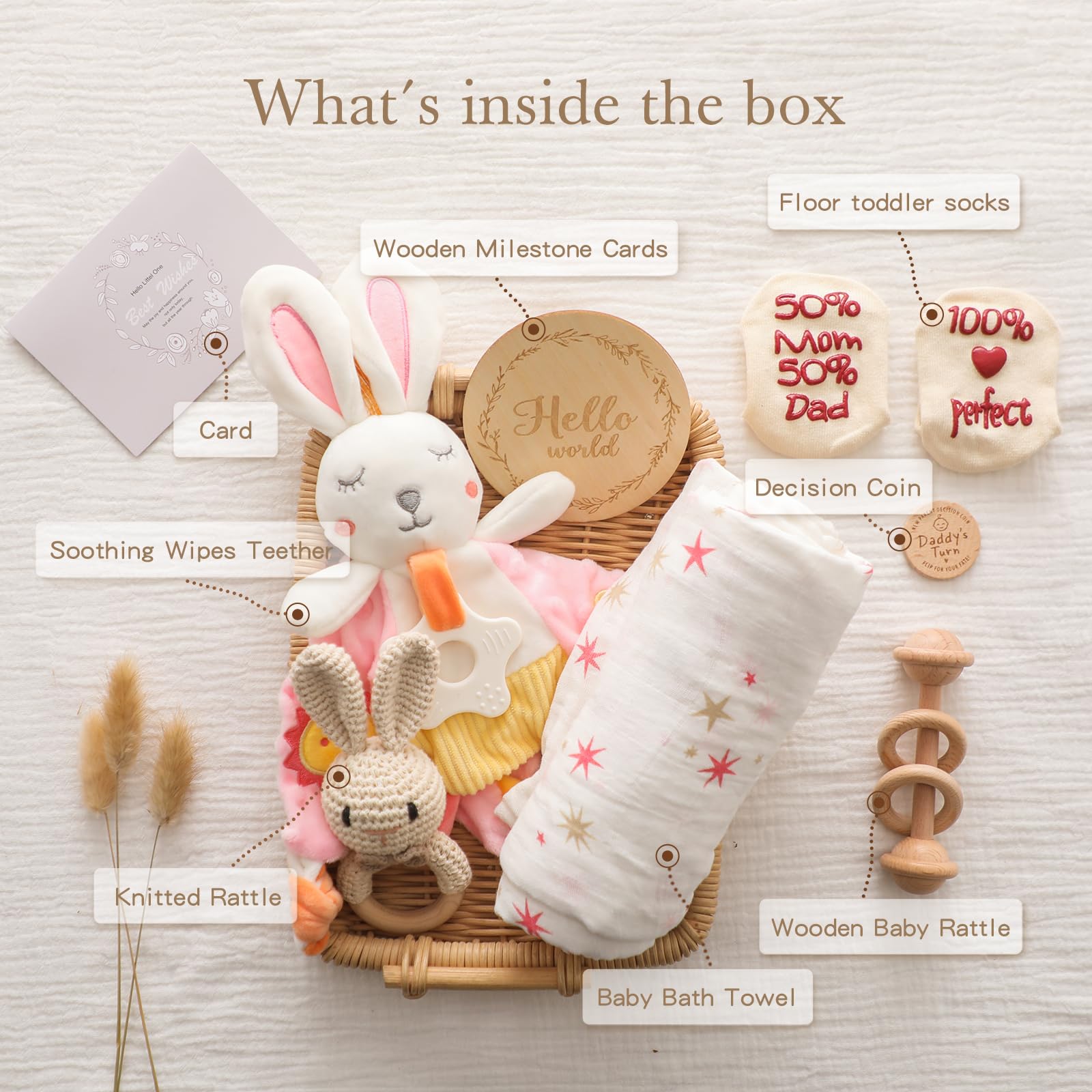 Youuys 8 in 1 Regalo per Neonati, Regalo per Bambini e Bambino, Regalo di Compleanno per Bambino, Regalo di Natale, con Musellina di Stoffa+Panno Cotone+ Sonaglio+Cartolina Regalo (Coniglio)