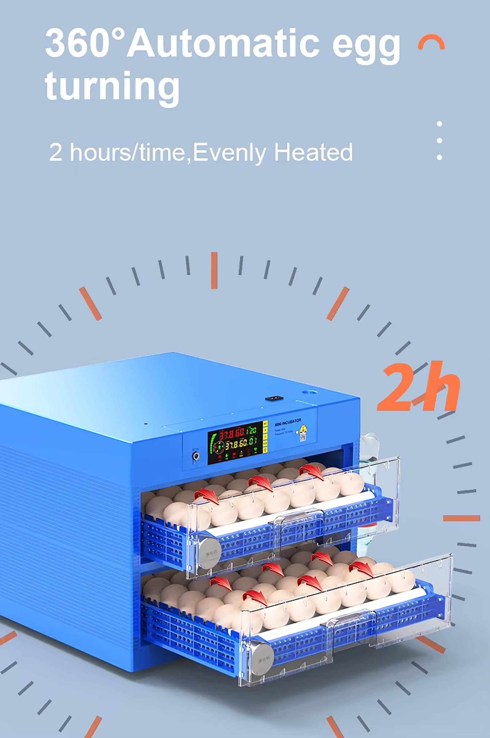 Incubadora de Huevos con volteo automático y Control de Humedad. Capacidad para 128/500 Huevos.