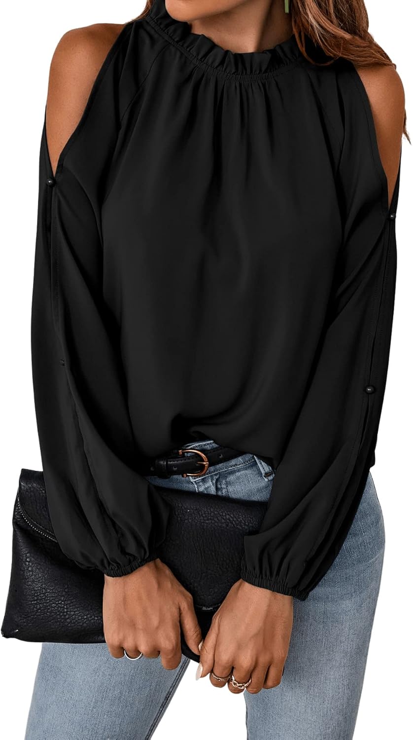 SweatyRocks Women's Casual Long Lantern Sleeve Cold Shoulder Top Cut Out Ruffle Trim Blouse