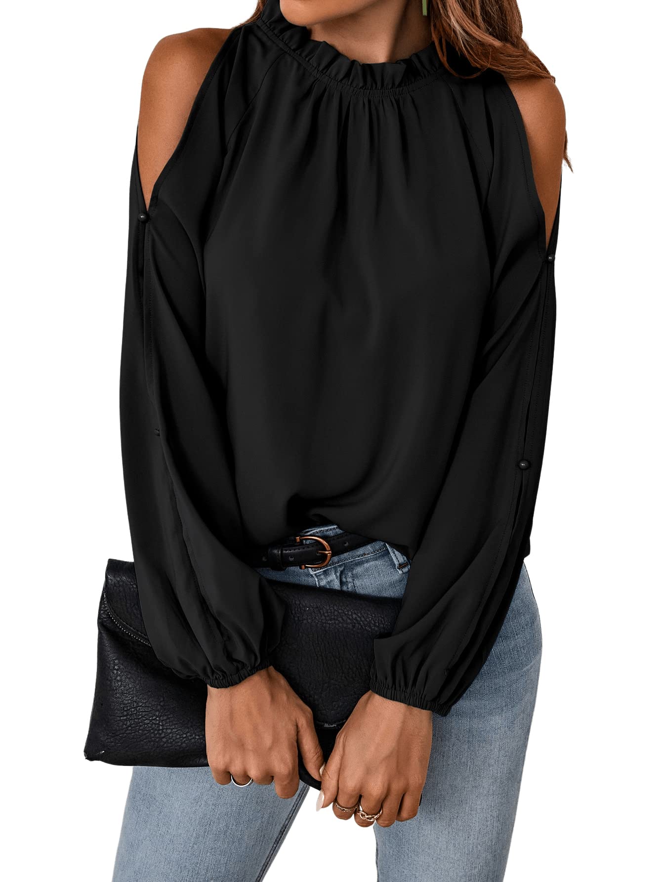 SweatyRocks Women's Casual Long Lantern Sleeve Cold Shoulder Top