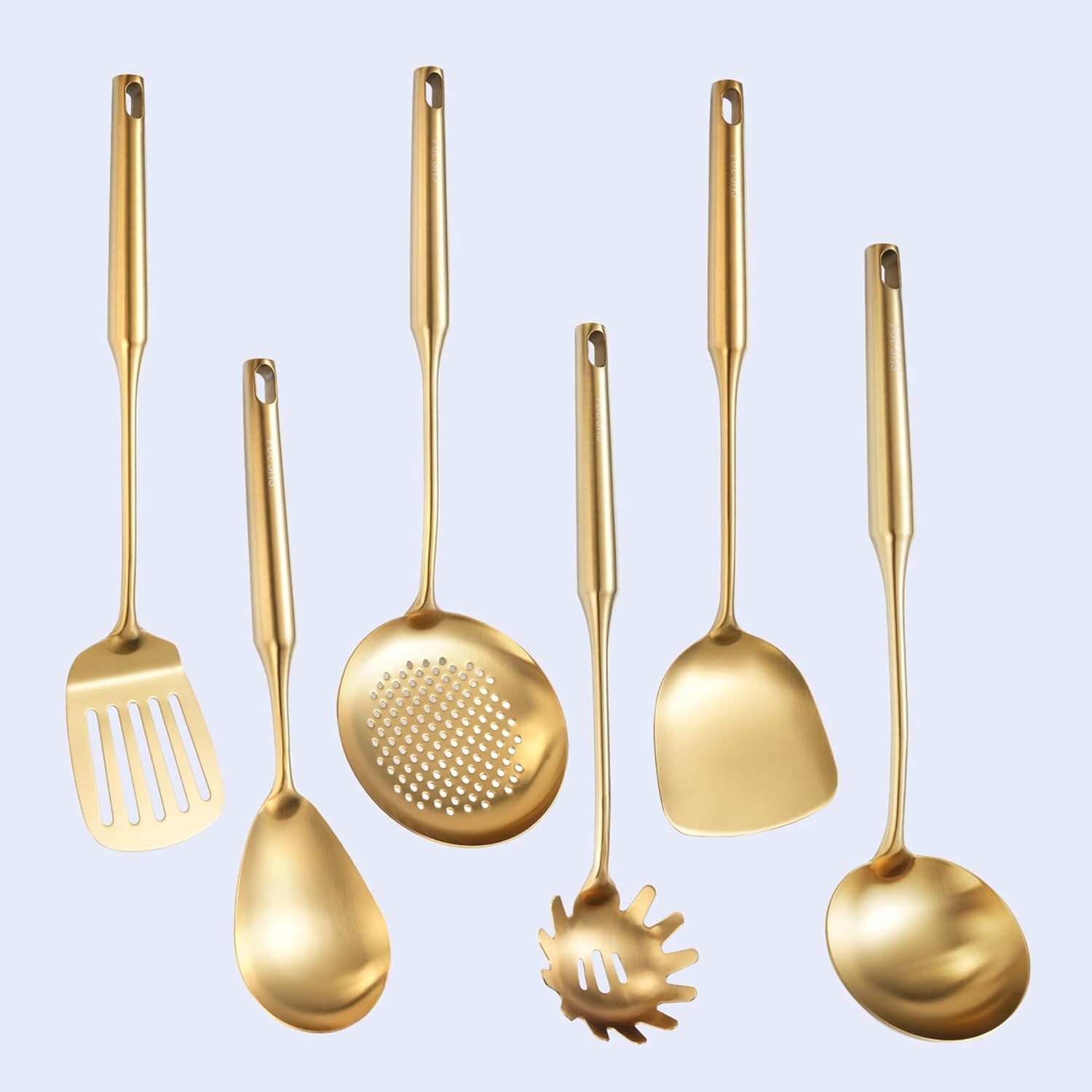 Gold Kitchen Utensils Set Stainless Steel 6 Pcs Professional All Metal Cooking Utensils Set, Wok Spatula, Ladle, Skimmer, Slotted Spatula Turner, Spaghetti Spoon, Large Spoon (12"-15"( 6P ) Gold) Thumbnail