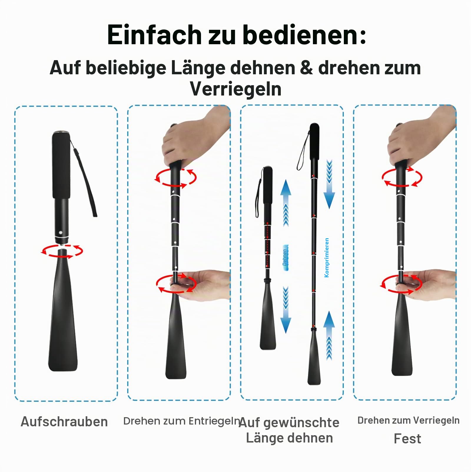TriPro Schuhlöffel Lang -Teleskopisch 38 cm~94 cm, Aluminiumlegierung, Schuhanzieher Lang, Schuhlöffel Metall Lang für Herren Damen Kinder Senioren