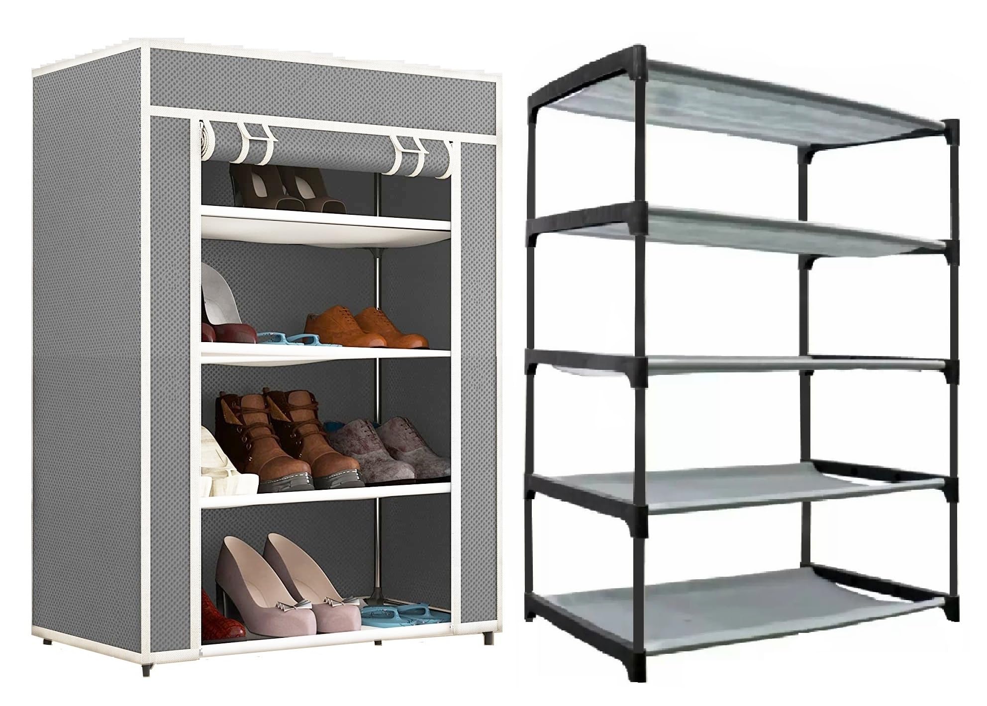 EXPOSURE 4 Layer Multipurpose Metal Pipes Non Woven Cover and Shelf with Single Connector Collapsible Shoe Rack (Grey)-image-19
