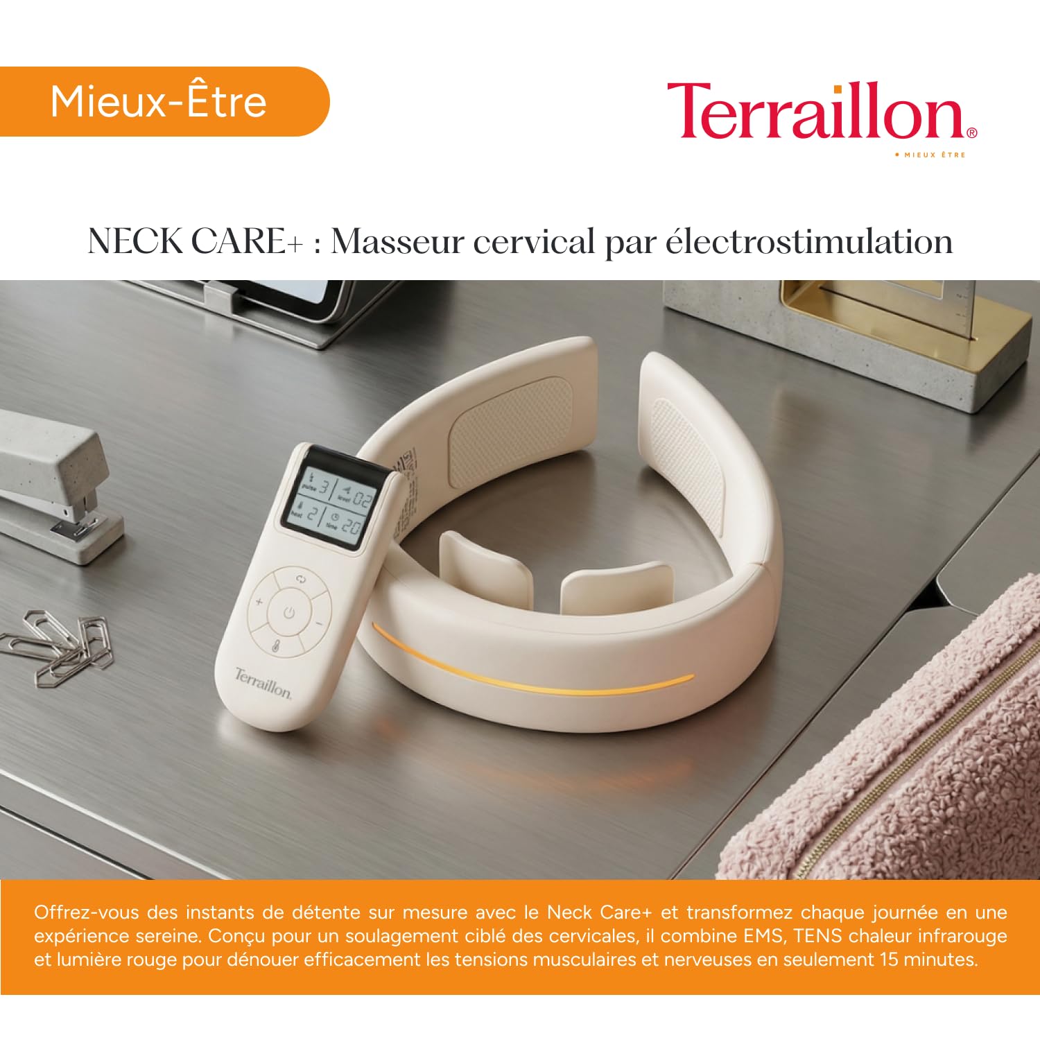 TERRAILLON - Masseur Cervical Coussin de Nuque Massant, Programmes TENS & EMS, Chauffant, Lumière Rouge, Soulage les Douleurs, Réduit les Tensions, 6 Modes, 16 Intensités, USB-C, NECK CARE +