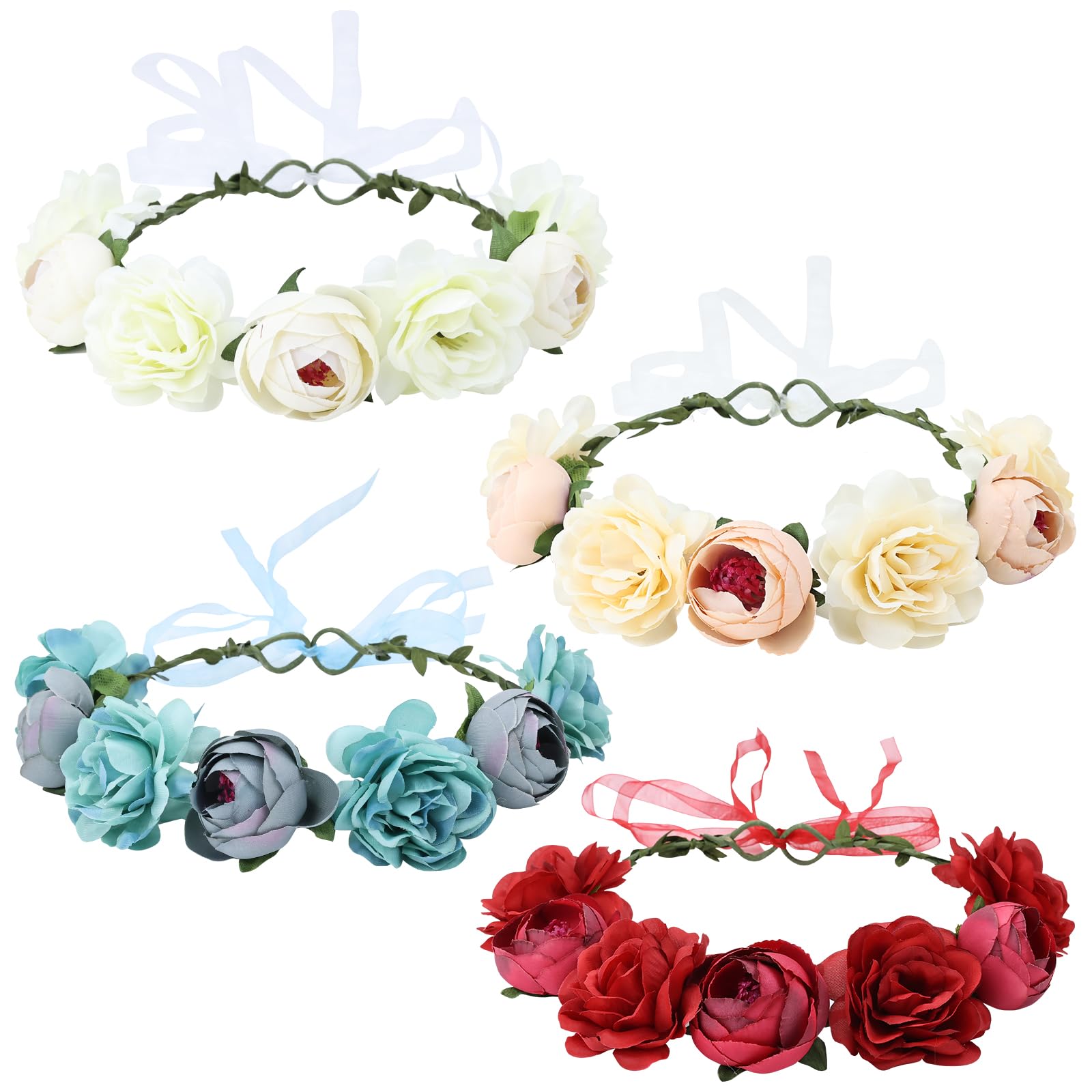 Cinaci 4 Pack Handmade Adjustable Floral Rose Flower Wreath Crown Headbands Garland Wedding Party Headpiece for Women Brides