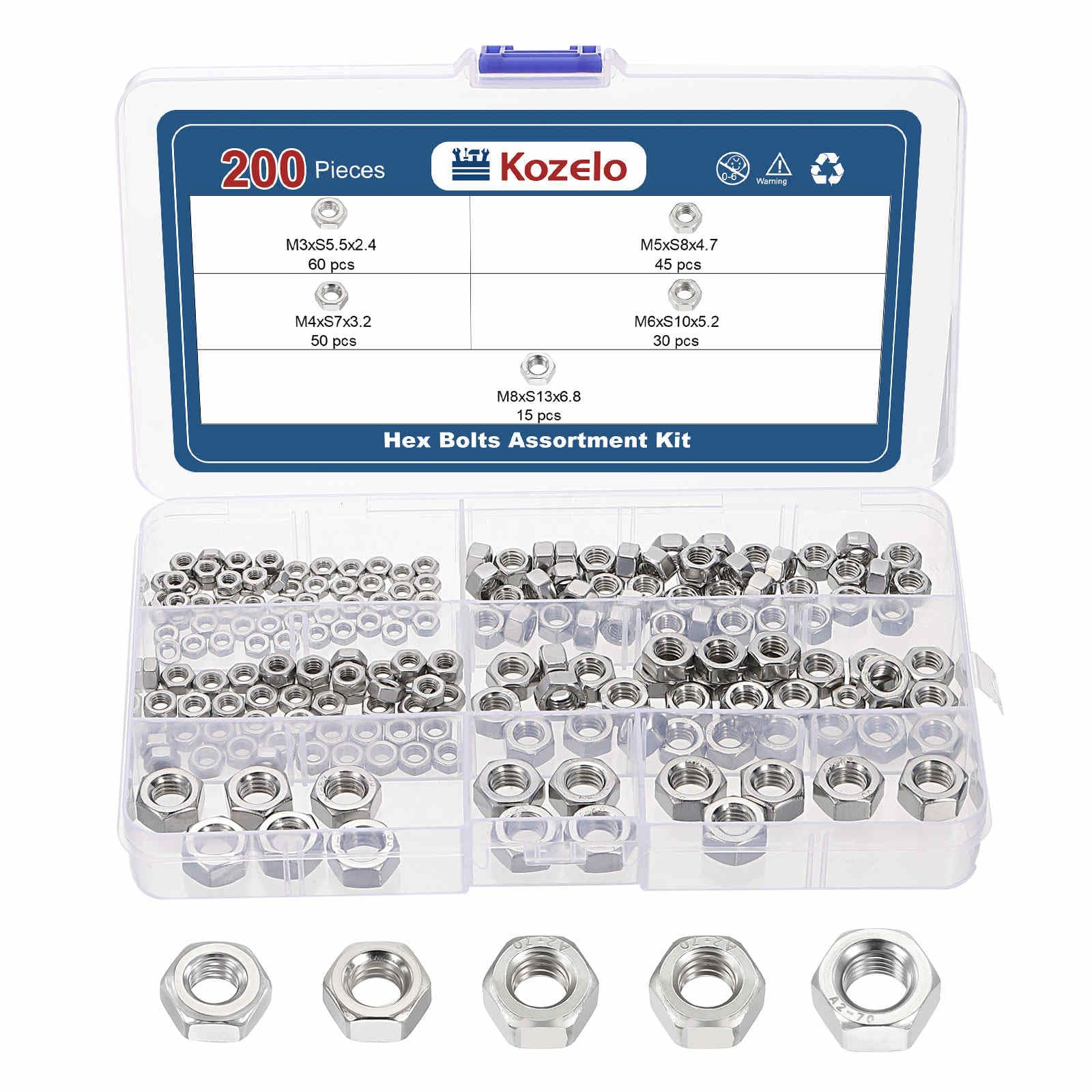 Kozelo 200pcs Hex Nuts Assortment Kit - [M3-0.5 M4-0.7 M5-0.8 M6-1 M8-1.25] 304 Stainless Steel 18-8 (A2-70) Hardware Nuts Set for Mechanical Repair & Assembly, Bright Finish, Silver