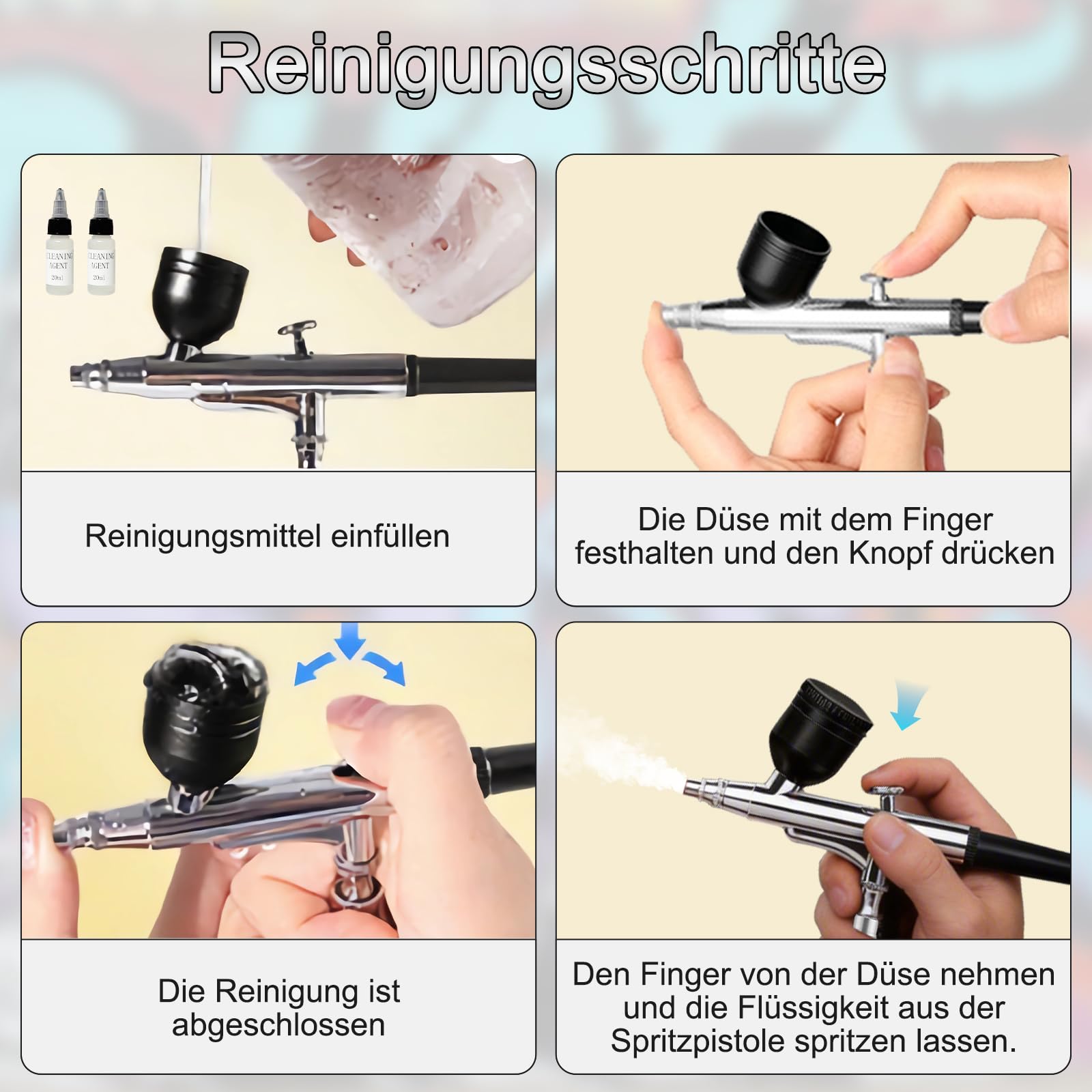 55PSI Airbrush-Set mit Kompressor, Doppelwirkungs-Airbrush mit 3 Modi und 0,2/0,3/0,5 mm Düsen, Enthält 10 Flaschen Acrylfarbe und 2 Flaschen Reinigungslösung Geeignet für Bastelarbeiten, Tattoos us.