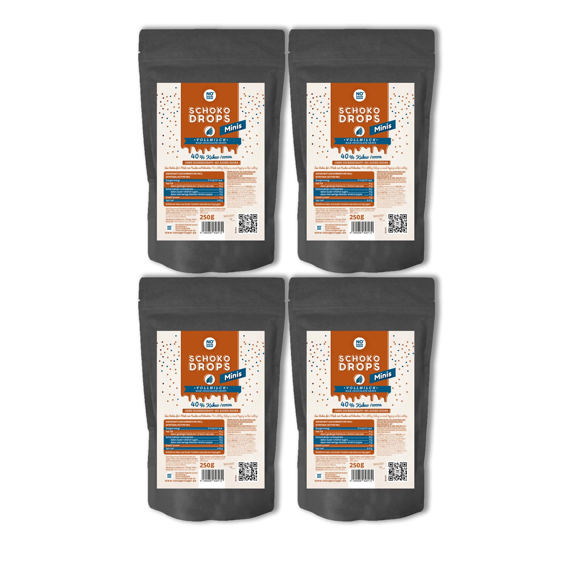 NO SUGAR SUGAR Vorteilspack 4x250g Schokodrops Minis Vollmilch 40% Kakao ohne Zuckerzusatz
