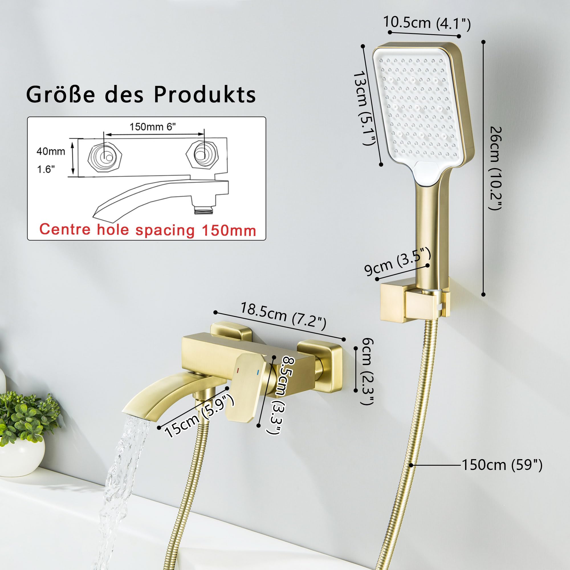 Rubinetto per vasca da bagno oro spazzolato con doccetta grande e beccuccio girevole 90° 3 funzioni